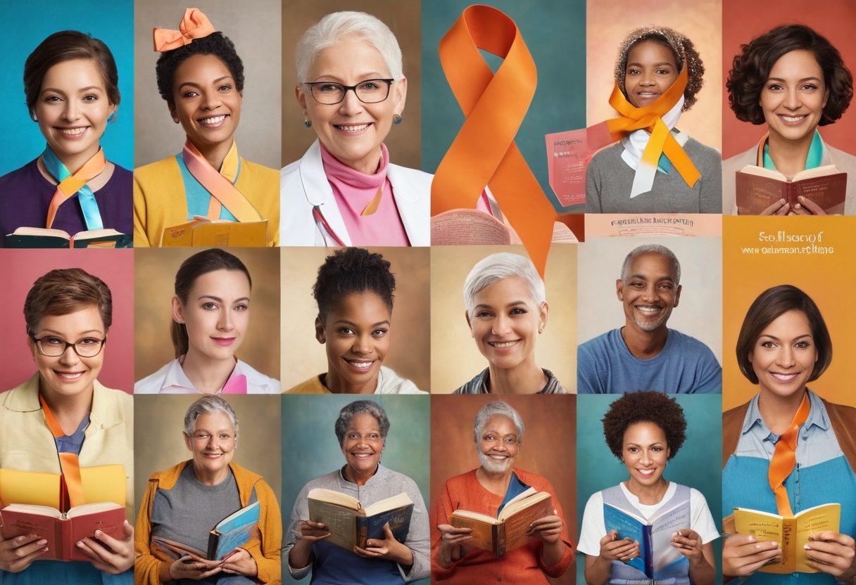 A collage of diverse individuals, each sharing a unique story of resilience against cancer. Include educational elements like books and ribbons symbolizing hope and awareness. The background should be warm and inviting, symbolizing support and community. Use soft lighting to evoke emotions of strength and courage. vibrant colors. super-realistic.